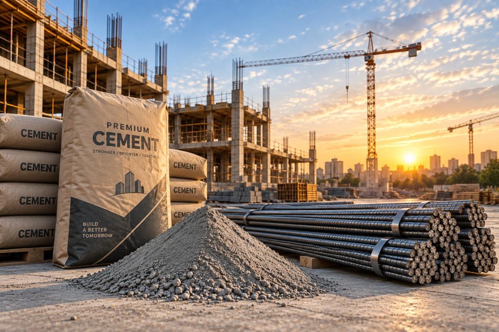 Construction site background with cement bags, steel rebar, and tower cranes