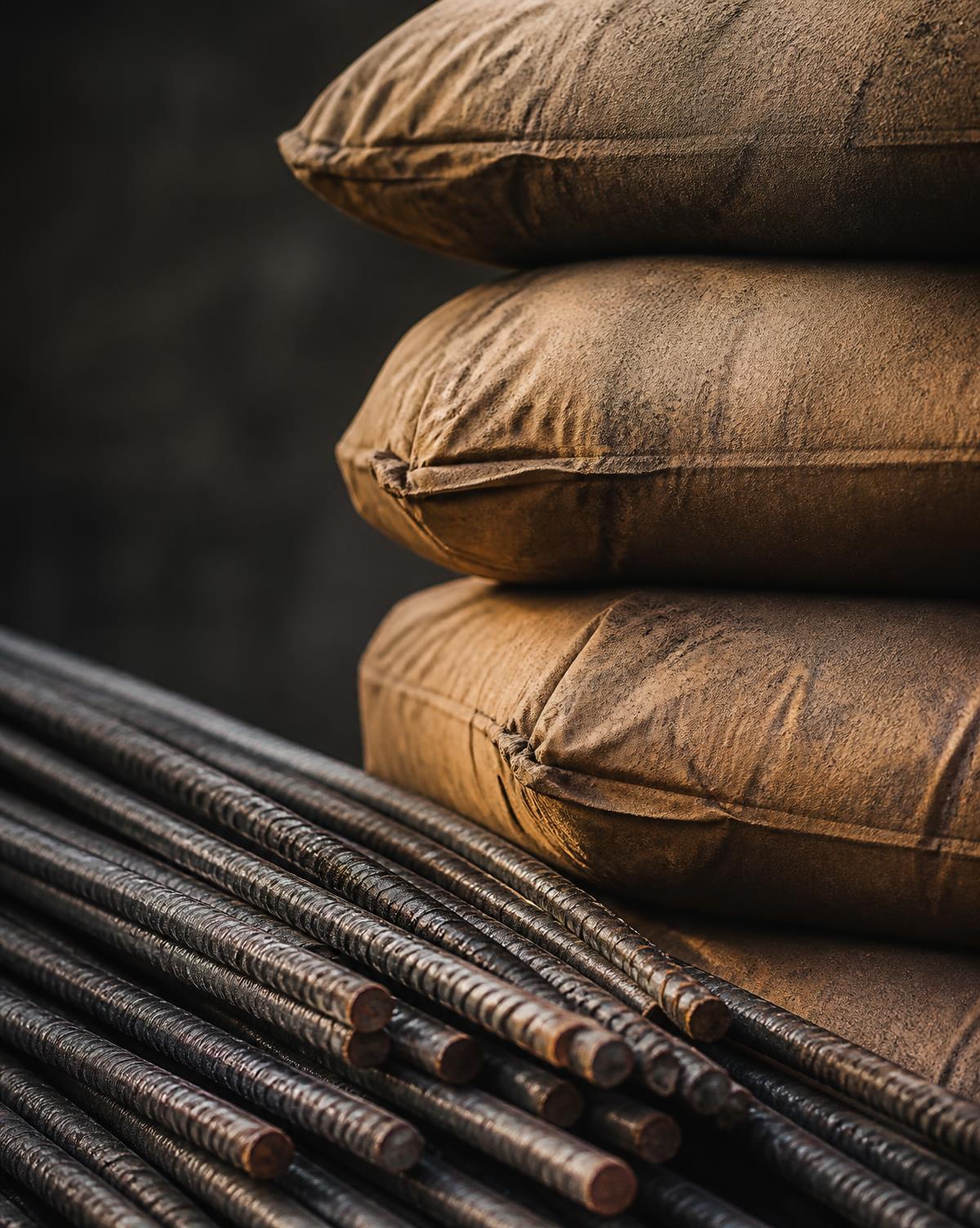Stacked cement bags and steel rebar